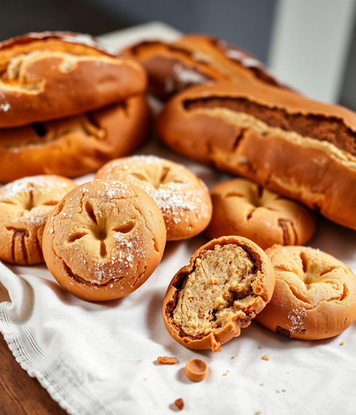 Pães artesanais, biscoitos e quitandas sobre pano de linho