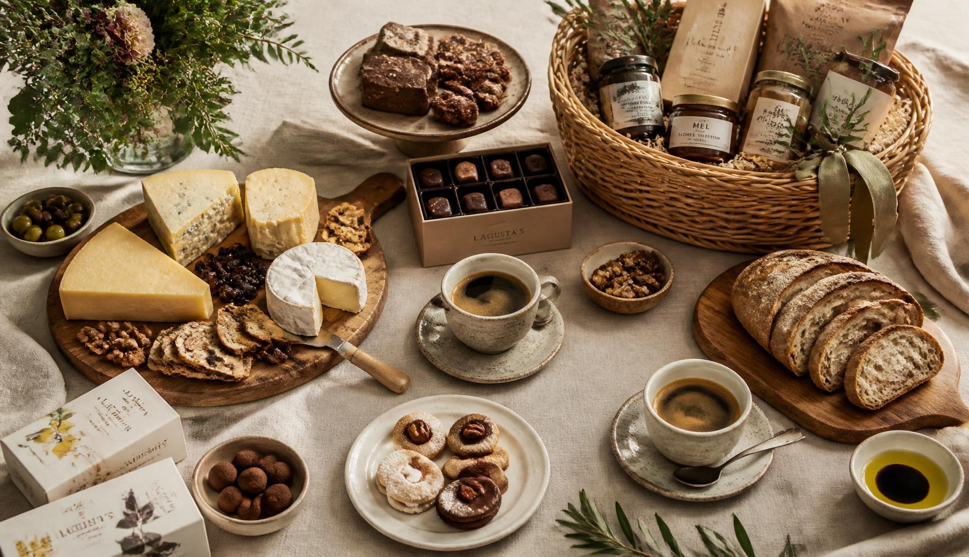 Mesa posta com queijos, doces, café, pão e uma cesta de presentes