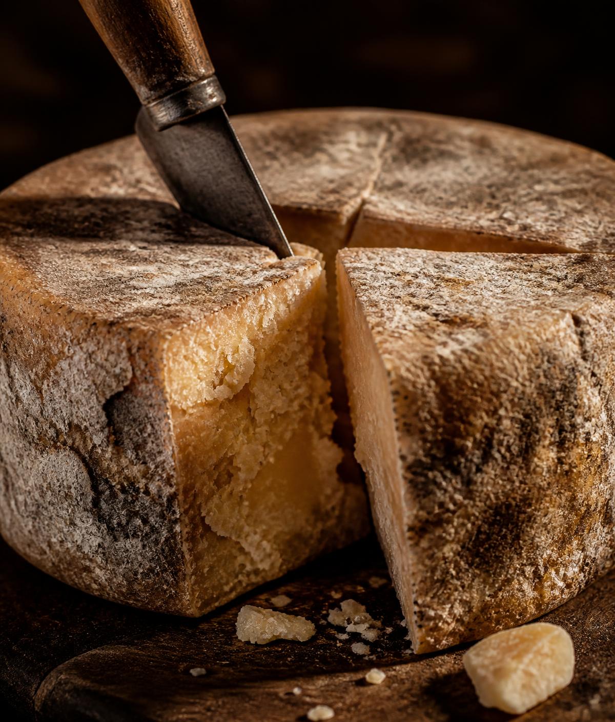 Queijo artesanal curado sendo cortado, com casca natural e miolo granulado